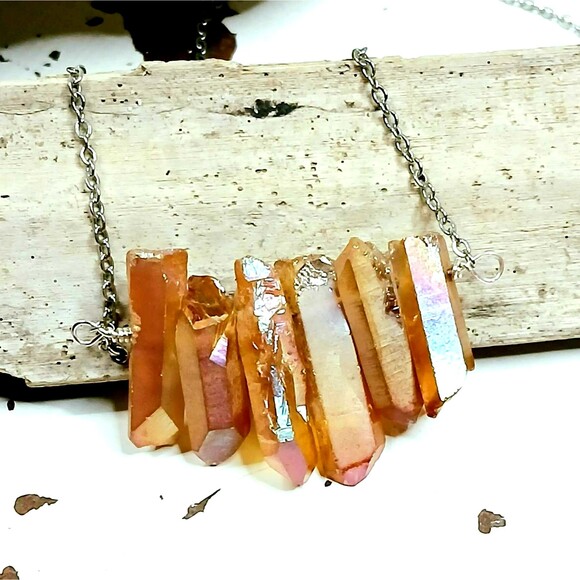 Dyed Orange Aura Quartz Crystal Point Necklace, Stainless Boho Statement 18" - Picture 3 of 7
